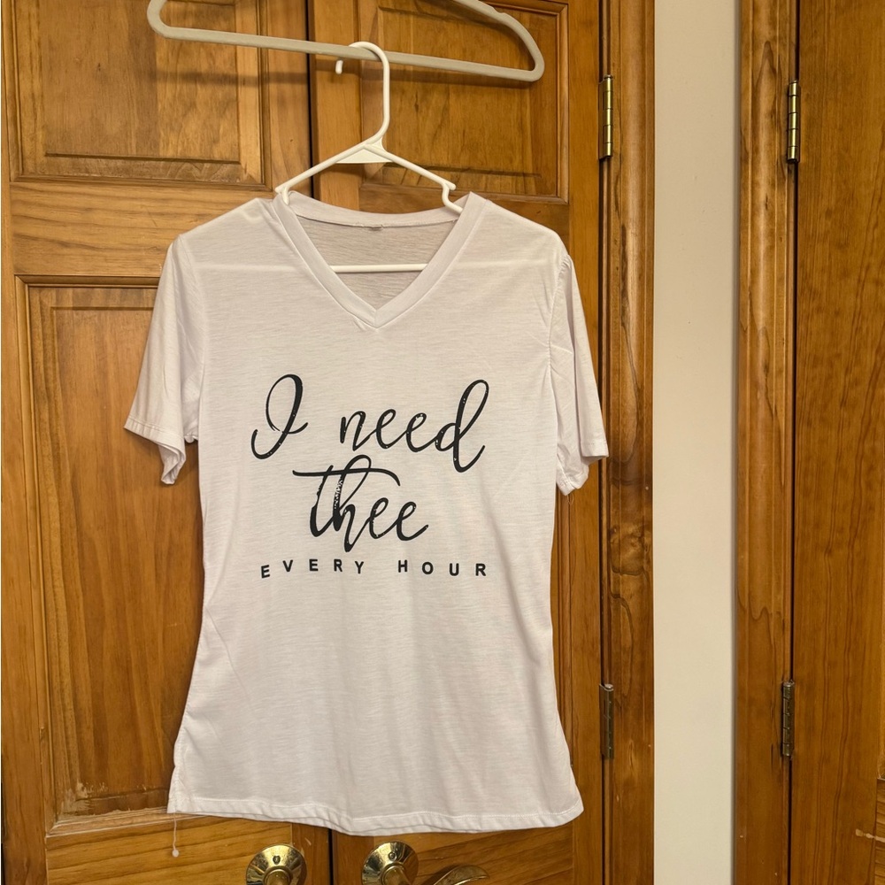 White Graphic V-Neck Tee "I need thee"